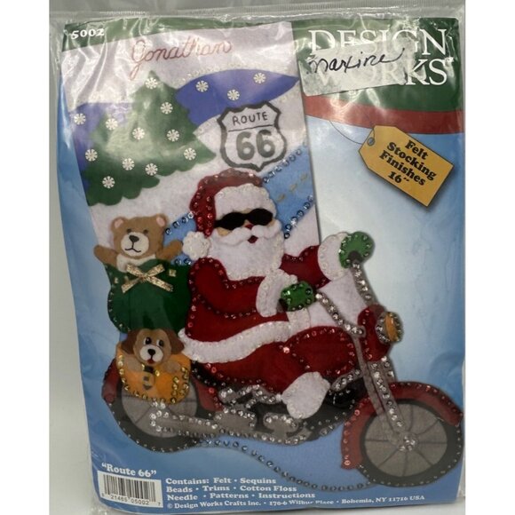 Design Works Christmas Stocking  "Route 66" Kit Santa Motorcycle Biker Vtg - Picture 1 of 4